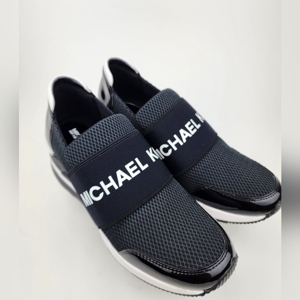 Michael Kors Felix Trainer Platform Wedge New Scuba Black MK Print - Picture 3 of 7